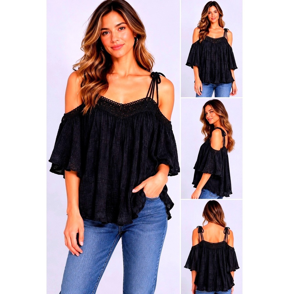 Billabong Breeze On Top Womens XS Black Cold Shoulder Crochet Boho Bell Sleeve